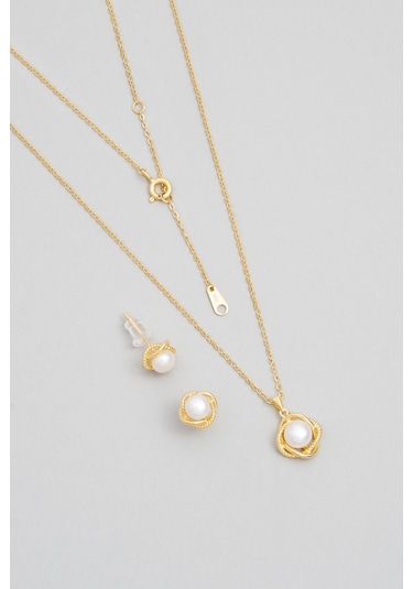 Minimal İnci 18 Ayar Sarı Altın Kaplama Gümüş Seti Sarı