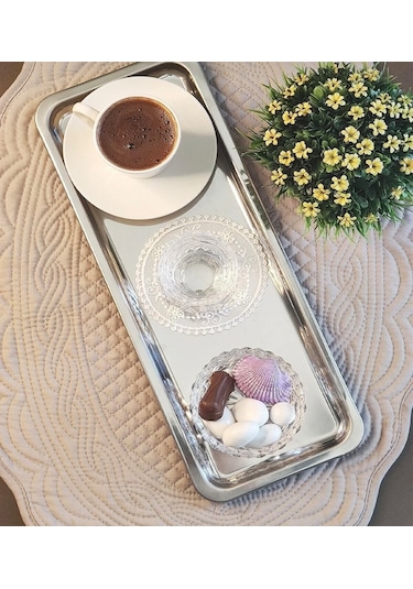 Paslanmaz Çelik Dikdörtgen Model 6 Adet Aksesuarsız Sunum Tepsisi Gümüş