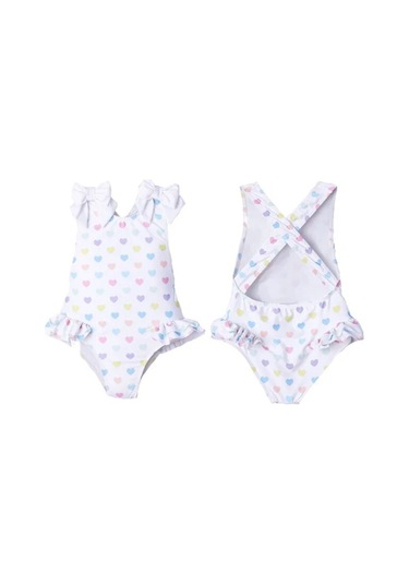 Upf50+ Kız Çocuk Renkli Kalpli Beyaz Mayo Güneş Korumalı Kız Çocuk Mayo Beyaz