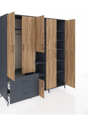 Kronos Dolap 12 Raflı 2 Çekmeceli Tek Askılı 220x59x243 Antrasit-çam/antrasit Atlas Çam/antrasıt