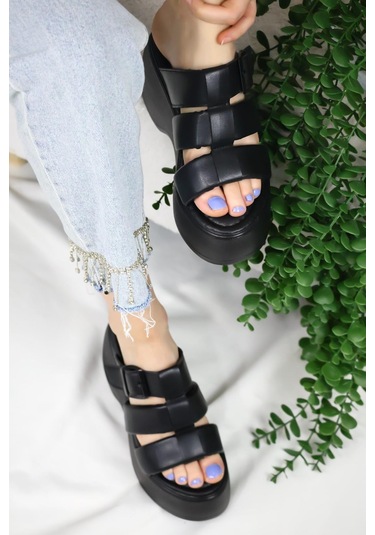 Asmi Shoes Kadın Mikeno Üç Biyeli Toka Detaylı Kalın Taban Ortopedik Terlik Siyah Siyah