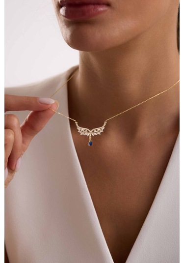 Melek Tasarım Damla Mavi Taşlı Kolye New T13976 Renkli