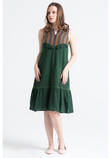 Kolsuz Şile Bezi Ilgaz Midi Boy Elbise Yeşil