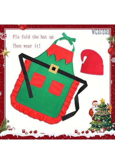Kadın Noel Mutfak Önlüğü 2 Cepli Bayan Ayarlanabilir Aşçı Yeşil + Şapka, Tek Beden Diğer