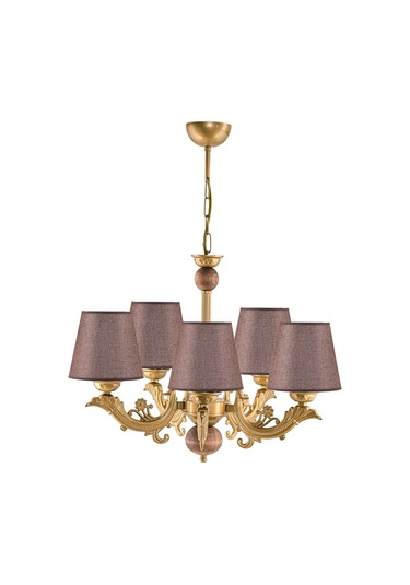 Beş Kollu Ahşaplı Eskitme Zamak Metal Döküm Avize Kahverengi Şapkalı Kahverengi