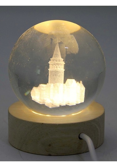 3d Led Işık Gecelambası Cam Küre Tek Renk Günışığı Ahşap Galata Kulesi Gece Lambası7 Cm