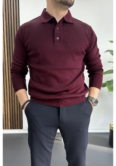 Erkek Düğmeli Polo Yaka Kazak Bordo Edw231 Bordo
