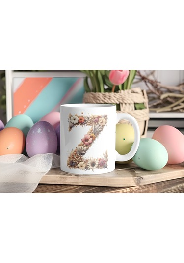 Z Harfi Çiçek Desenli Kupa Bardak - Alfabe Harfleri İle Doğal Çiçekli Kupa - Hediye Fikir Beyaz