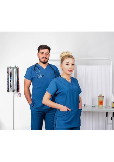 Likralı Cerrahi Forma Unisex Hemşire Doktor Sağlıkçı Forması Scrubs Üniforma İndigo Mavisi