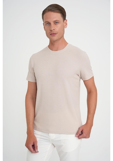 Comfort Fit Bisiklet Yaka Fitilli Kısa Kol Bej Tişört Ts 912 Bej