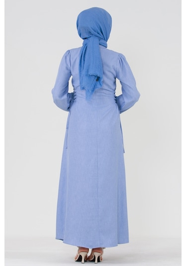 Yanı Bağcıklı Keten Elbise-bebe Mavi-3367-bebe Mavi Bebe Mavisi