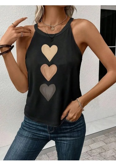 Kadın Omuzlardan Açık Boyundan Askılı Kalp Baskılı Viskon Bluz Siyah