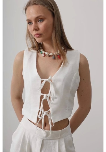 Defymoda Bağlamalı Yelek - Beyaz Beyaz