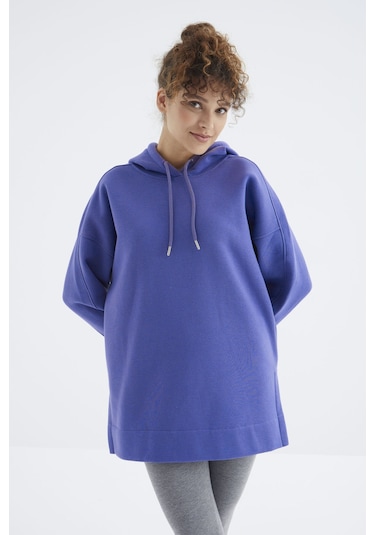 Tommy Life Eflatun Reglan Kol Basic Kapüşonlu Oversize Sweatshirt Tunik - 97242 Eflatun