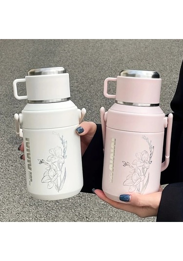 Maxaccess Mavi Çiçek Desenli 27.05 Oz Paslanmaz Çelik Seyahat Termosu Kapaklı Kulplu