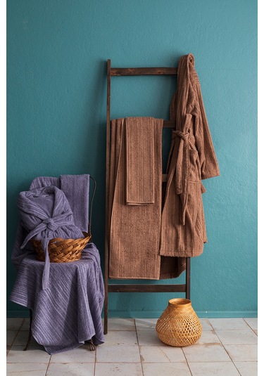 Apricitas Home Timeless Bej-lavander %100 Pamuk 6 Parça Aile Bornoz Seti Bej