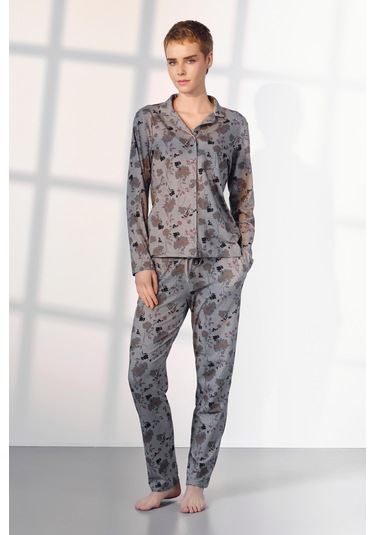 Doreanse Kadın Çiçek Desenli Gri Gömlek T-shirt Pijama Takımı 25k4030-standart Gri