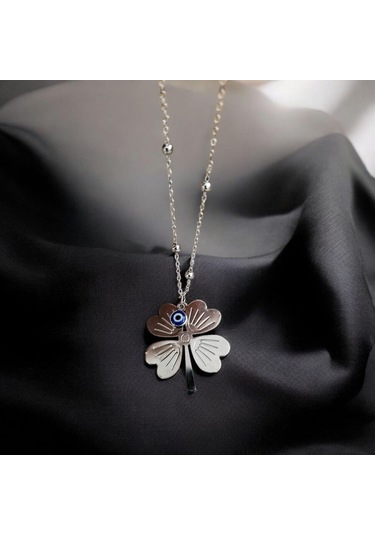 Gümüş Renk Dört Yapraklı Yonca Ve Nazar Boncuğu Kolye Şans Semb Gold