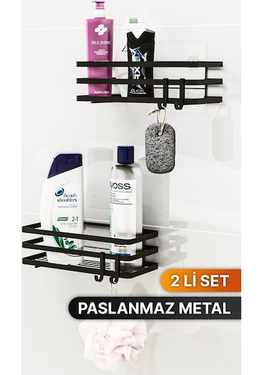 Bino Y01 4 Askılı Yapışkanlı 2'li Şampuanlık Organizer Banyo Askısı Siyah