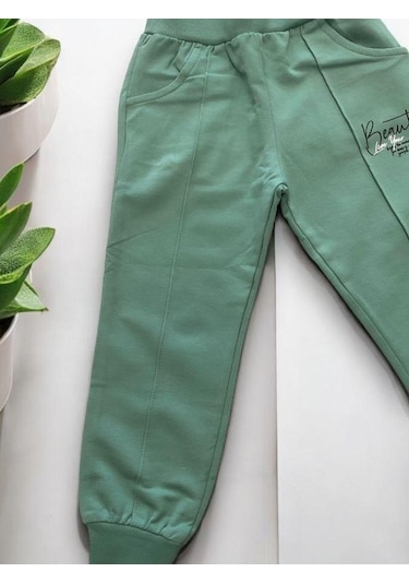 Kız Çocuk Pamuklu Beli Paçası Lastikli Eşofman Alt-15145 Yeşil