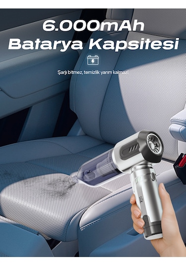 7go Ahv-14 2'si 1 Arada Kablosuz Araç İçi Süpürge Gümüş 18000pa Güçlü Vakum + Üfleme Cam Kırıcı Gümüş