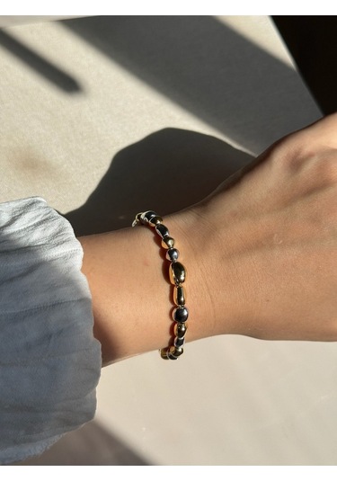 Çift Renk Taş Formlu Kadın Çelik Bileklik Altın & Gümüş Detaylı Altın