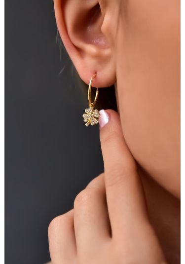 925 Ayar Gümüş Altın Kaplama Zirkon Taşlı Yonca Halka Küpe