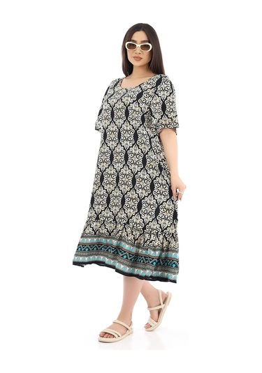 Kadın Viskon Yarım Kol O Yaka Cepli Fırfırlı Elbise Desenli Çok Renkli