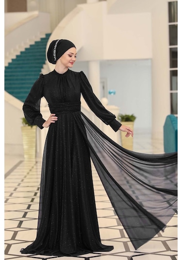 Raika Moda Şık Tasarım Tül Kübra Abiye Siyah
