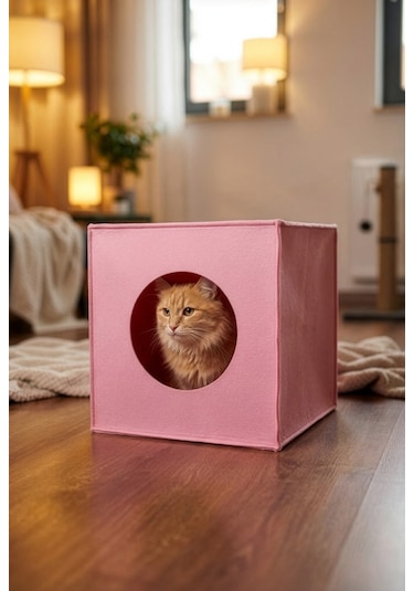 Keçe Kedi Yuvası Organizer Düzenleyici Katlanabilir Pembe