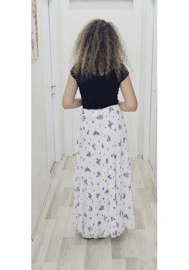 Bel Lastikli Kloş Şifon Etek 6003-beyaz/lila Beyaz/lila Beyaz - Lila