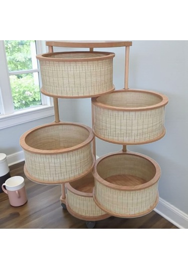 5 Katlı Ahşap Sebzelik Tekerlekli Naturel Gıdaya Uygun Kaliteli Mdf Modern Açık Kahverengi