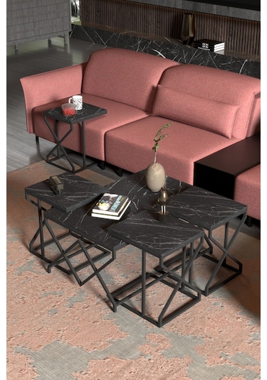 Orta Sehpa Ve Zigon Sehpa V Lüx 5'li Set Bendir Siyah