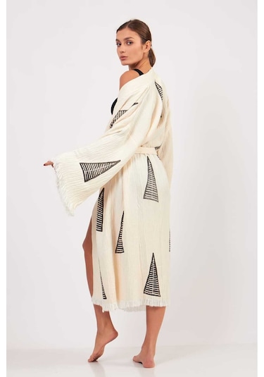 Befera Müslin Kimono Pamuklu Piramit Desenli Bornoz Kaftan Sabahlık Ekru