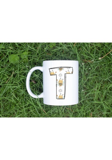 T Harfi Arı Desenli Kupa - Sevimli Hayvan Temalı Kişiye Özel Kahve Kupası - Şans Kupası Beyaz