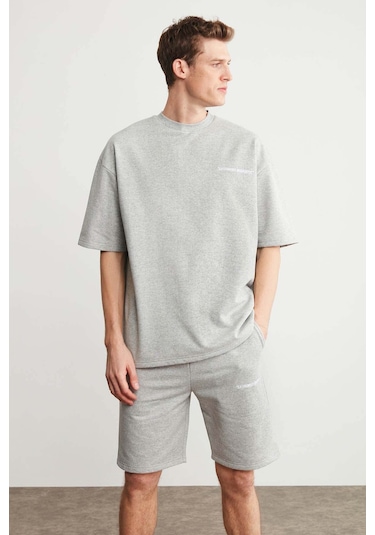 Colombıa Erkek 2'li Set Comfort Fit Rahat Kalıp Yazı Nakışlı Şardonsuz Grimelanj Eşofman Takımı