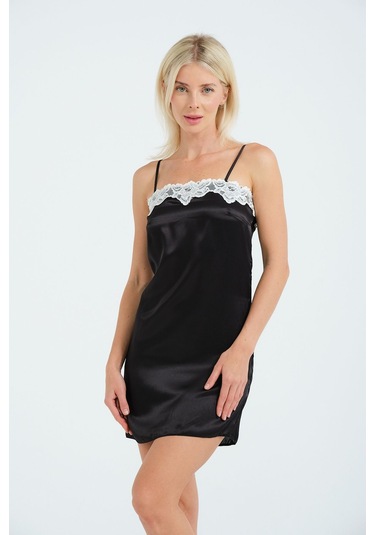 Laperissa Kadın Siyah Dantel Detaylı Saten Askılı Şık Gecelik Siyah