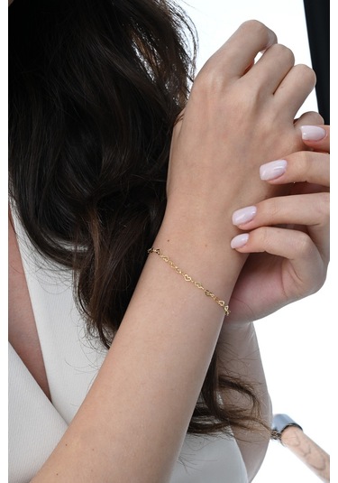 Gümüş Altın Yaldızlı Tasarım Birbirine Bağlı Kalpler Zincir Bileklik Barcode Gümüş