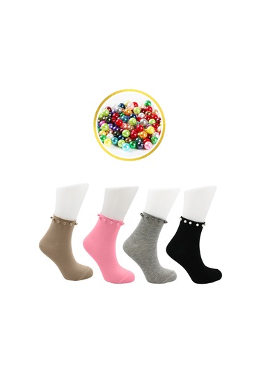 Kadın Çok Renkli Yarım Konç Pamuklu Çorap Boncuk Detaylı 4'lü Paket Çok Renkli