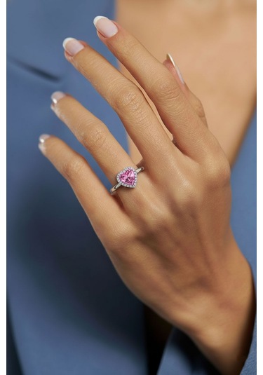 925 Ayar Pembe Taşlı Rodyum Pırlanta Işıltılı Kalp Ayarlanabilir Gümüş Yüzük Gümüş