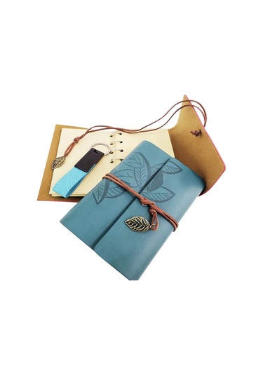 Özel Ahşap Kutulu Mavi Deri Defter Ve Anahtarlık Set 1 Adet