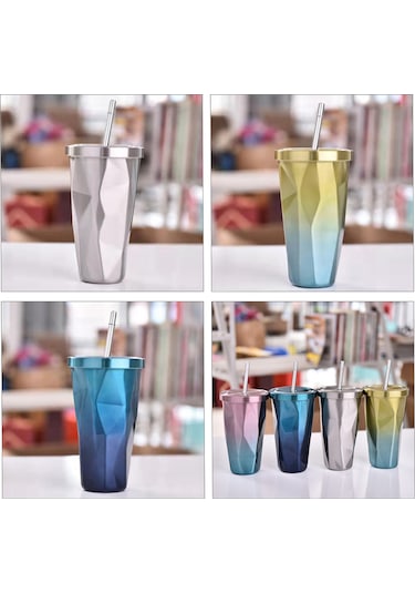 Hangfox Renk Geçişli Paslanmaz Çelik Termos Bardağı - 500ml Kapasiteli, Pipetli Ve Çift Katmanlı