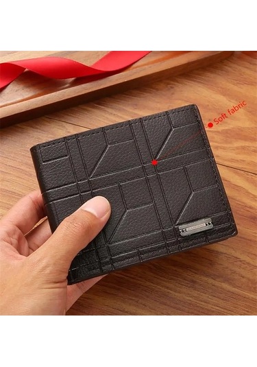 Createtech Yeni Marka Erkek Kısa Cüzdan - Genç Moda Ekose Deri Cüzdan Siyah Siyah