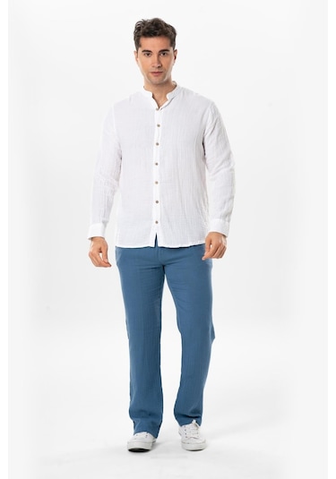 Uzun Kol Hakim Yaka Erkek Müslin Yazlık Gömlek Beyaz Byz-beyaz Beyaz