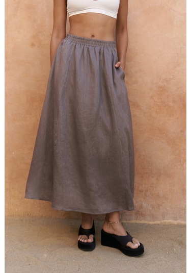 Fiametta Salaş Füme Keten Yelek Etek Takım Füme