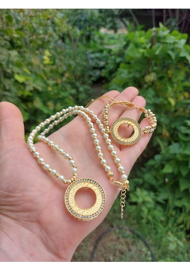Çeyrek Kolye Çeyrek Bileklik İncili Dorikalı Versace 55cm Altın