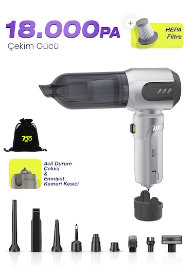 7go Ahv-14 2'si 1 Arada Kablosuz Araç İçi Süpürge Gümüş 18000pa Güçlü Vakum + Üfleme Cam Kırıcı Gümüş