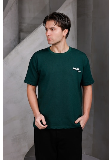 Erkek Baskılı Oversize Bisiklet Yaka 2 İki İplik Kompakt T-shirt Nefti