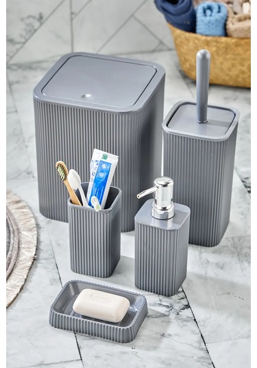 Line 5 Parça Kare Banyo Seti - Çöp Kovası Wc Fırçası Sıvı-katı Sabunluk Diş Fırçası Antrasit