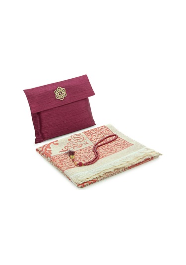 Hediyelik Şantuk Çantalı, Tesbihli, Çeyizlik Seccade Seti - Bordo Bordo